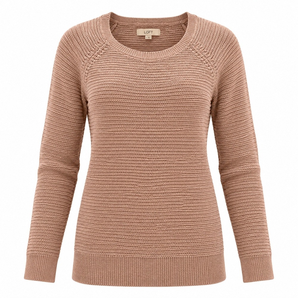 LOFT Mauve Pink Shaker Stitch Cotton Sweater Womens Small Raglan Crewneck